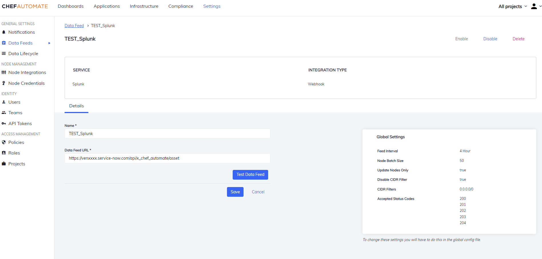 Details of Data Feed Instance using Splunk Integration